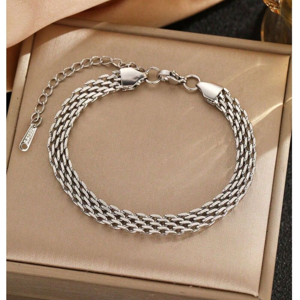 Silver Stainless Steel Woven Bracelet Mesh Link Adjustble Wide Retro Classic New